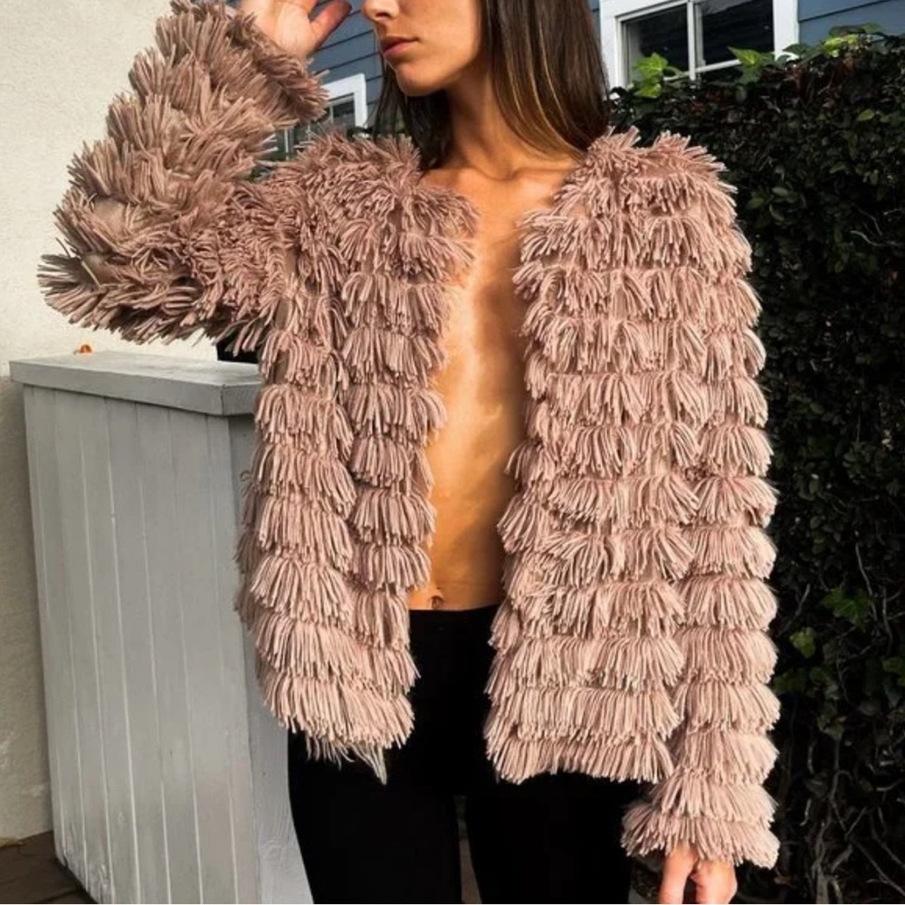 She + Sky Women's Fringe Teddy Jacket in Tan